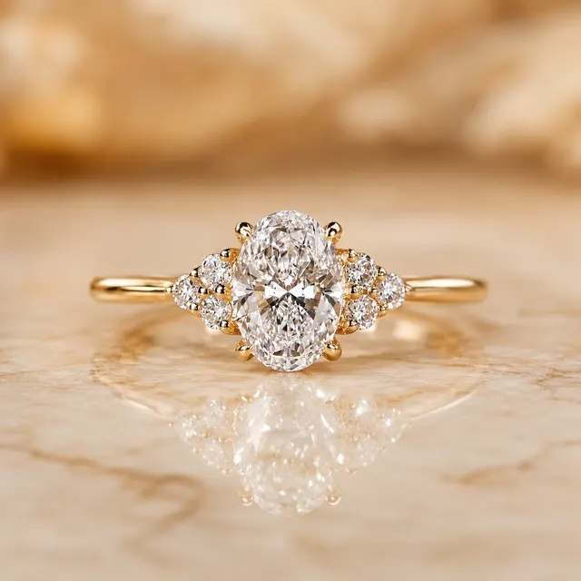 Oval Lab Grown Diamond Engagement Ring 7 Stone Cluster 14K Yellow Gold IGI Certified 2 Carat E VVS2