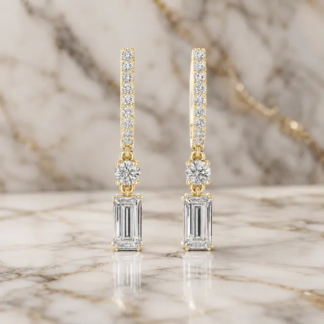 Emerald & Round Lab Grown Diamond Drop Earrings Pavé 18K Gold Dangle Design