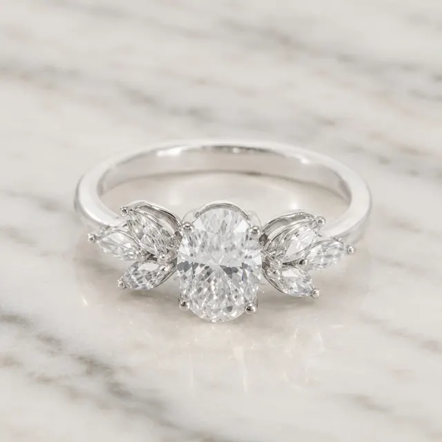 Oval Lab Grown Diamond Engagement Ring Marquise Petal Accent 14K White Gold E VVS2