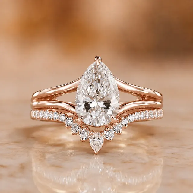 Pear Lab Grown Diamond Engagement Ring Set Solitaire Tiara Band 14K Rose Gold IGI Certified E VVS2