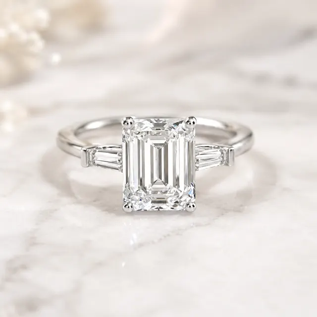 Emerald Cut Lab Grown Diamond Engagement Ring Three Stone Tapered Baguette 14K White Gold Four-Prong Bar-Set Setting