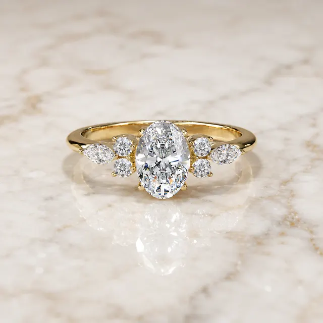 Oval Lab Grown Diamond Engagement Ring – Cluster 14K Yellow Gold – 0.90 ctw E VVS2