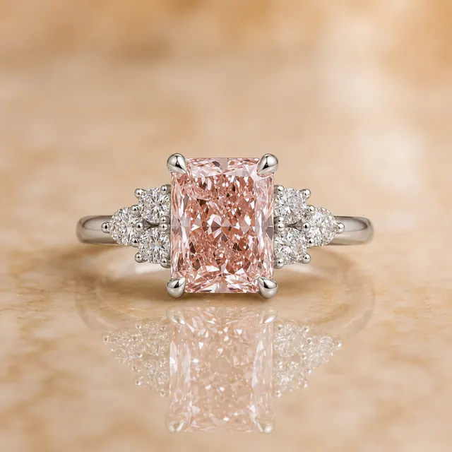 Fancy Vivid Pink Radiant Lab Grown Diamond Engagement Ring Three Stone 18K White Gold IGI Certified 3.30 Carat