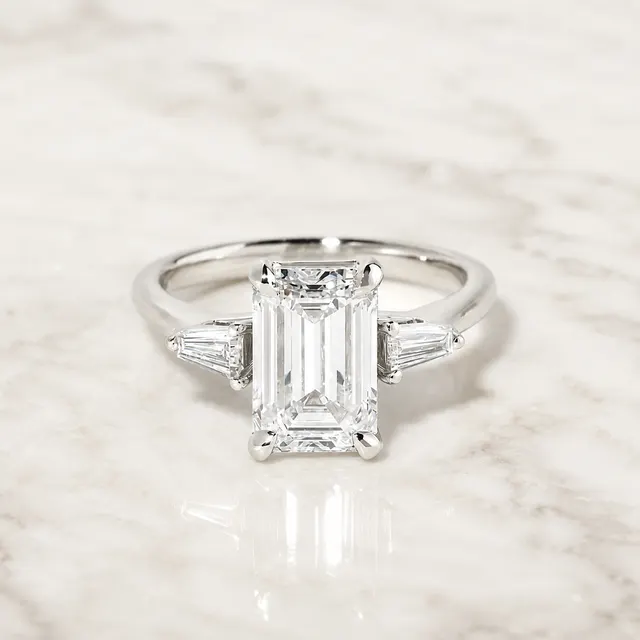 Emerald Cut Lab Grown Diamond Engagement Ring Three Stone 14K White Gold Tapered Baguette, E VVS2