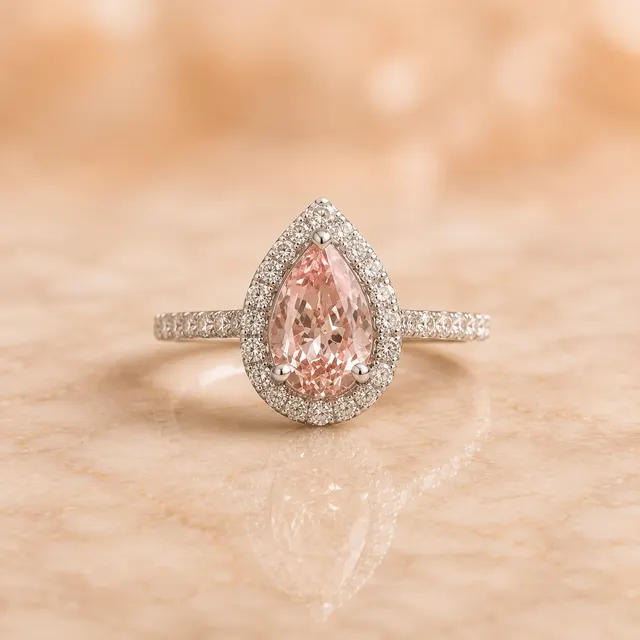 Pink Pear Lab Grown Diamond Engagement Ring Halo 18K White Gold IGI Certified 2ct Fancy Intense