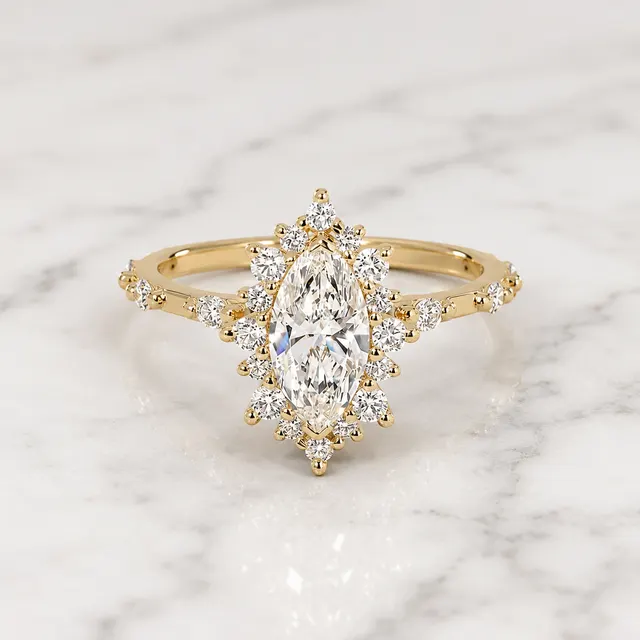 Marquise Lab Grown Diamond Engagement Ring Vintage Alternating Halo Solid Gold E VVS2 Accent Diamonds
