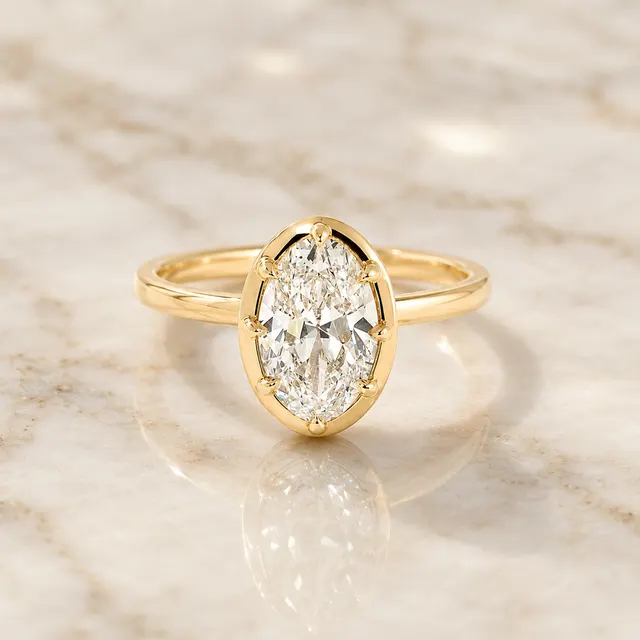 Oval Lab Grown Diamond Engagement Ring Bezel Hidden Halo 14K Yellow Gold Comfort-Fit Band