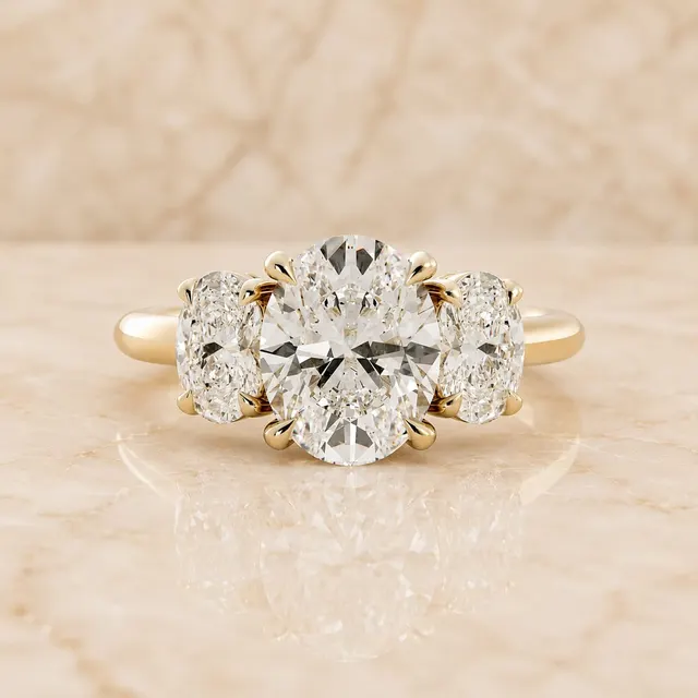 Oval Lab Grown Diamond Engagement Ring Three Stone 14K Yellow Gold Claw Prong Setting, E/VVS2