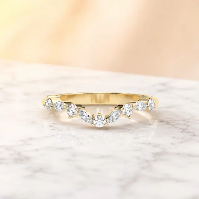Lab Grown Diamond Contour Wedding Band Pave 14K Yellow Gold Alternating Marquise Round, IGI Certified