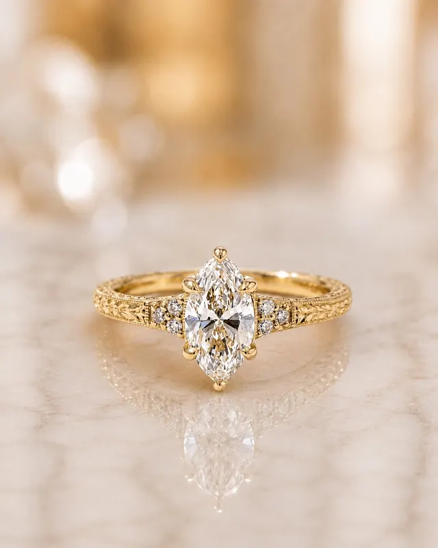 Marquise Lab Grown Diamond Engagement Ring Vintage Hand-Engraved 14K Yellow Gold IGI Certified 1ct E-VVS2