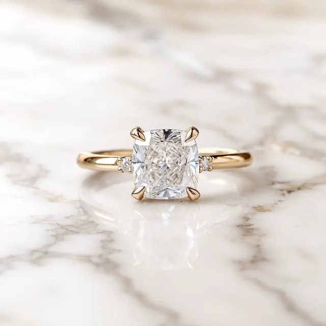 Cushion Lab Grown Diamond Engagement Ring Three Stone 14K Yellow Gold Elongated 2ct Center