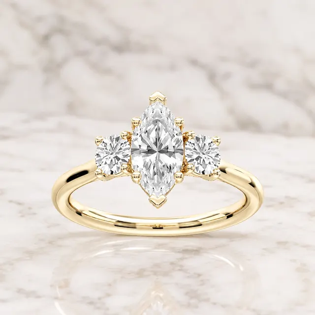 Marquise Lab Grown Diamond Engagement Ring Three Stone 14K Yellow Gold Round Side Stones, 1 Carat