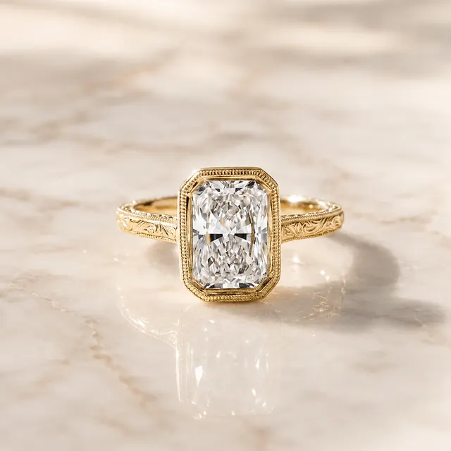 Radiant Lab Grown Diamond Engagement Ring Bezel 14K Yellow Gold Hand-Engraved Milgrain Band
