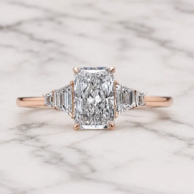 Radiant Cut Lab Grown Diamond Engagement Ring Three Stone 14K Gold Trapezoid Side Stones 2ct