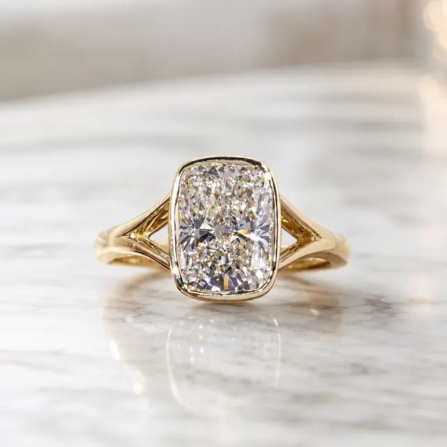 Cushion Lab Grown Diamond Engagement Ring Bezel Split Shank 14K Yellow Gold IGI Certified 3.08 Carat