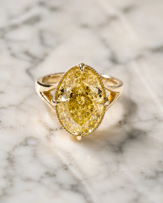 Fancy Yellow Oval Lab Grown Diamond Engagement Ring Milgrain Bezel Split Shank 14K Gold Claw Prong Vintage Style