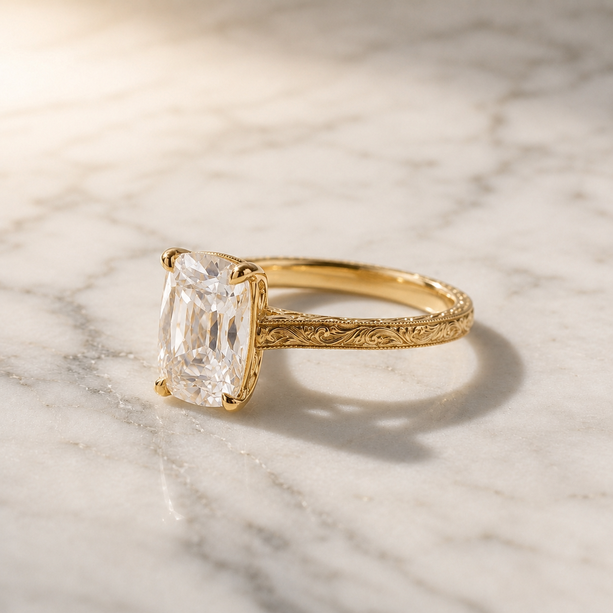 Cushion Lab Grown Diamond Engagement Ring – Vintage Solitaire 14K Yellow Gold – IGI Certified 2ct VVS2 E