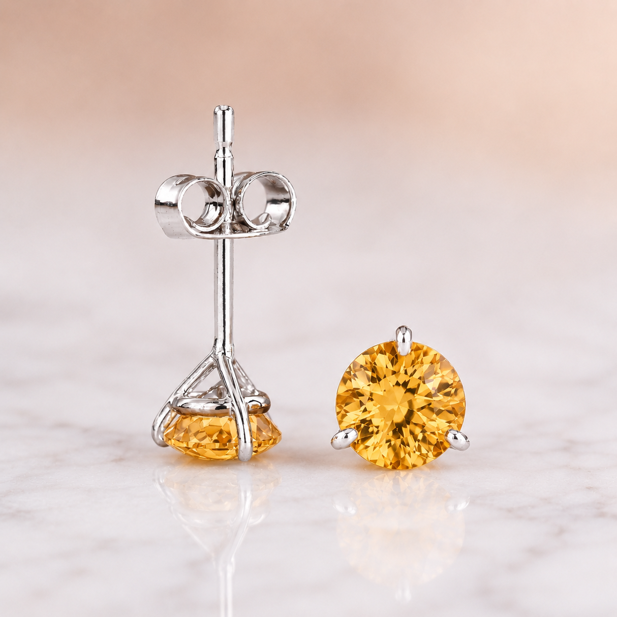Round Citrine Stud Earrings – 3-Prong 14K White Gold – 1.48 Cttw Push-Back Posts