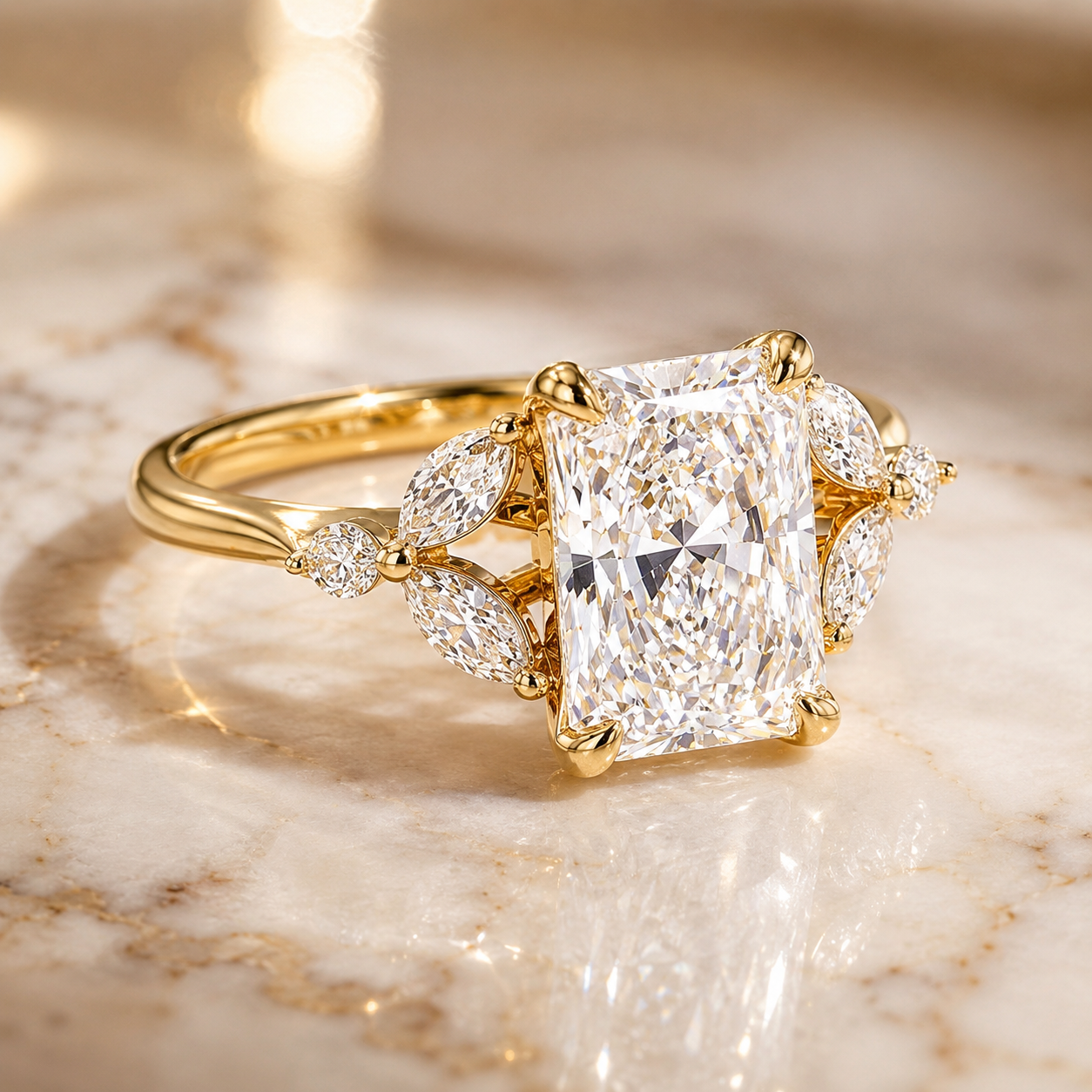 Radiant Lab Grown Diamond Engagement Ring – Cluster Marquise 14K Yellow Gold – IGI Certified 2.22 Carat E VVS2