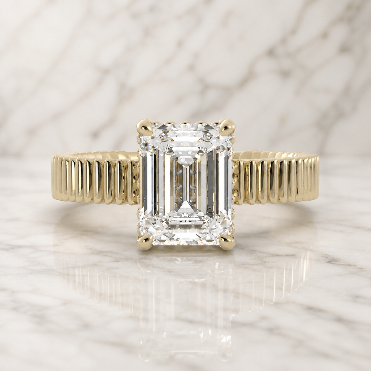 Emerald Cut Lab Grown Diamond Engagement Ring Grooved Solitaire 14K Yellow Gold 2mm Vertical Shank