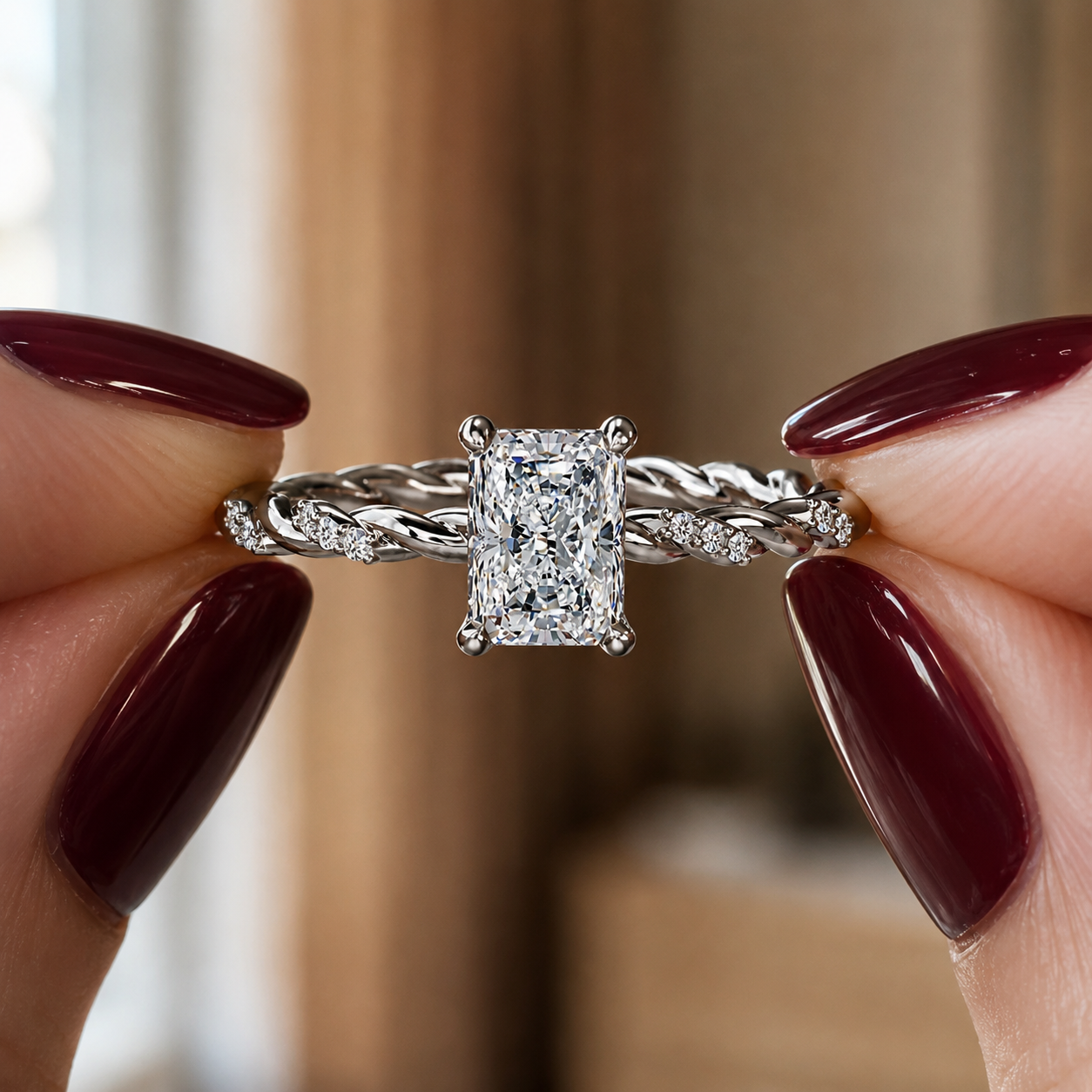 Radiant Lab Grown Diamond Engagement Ring – Twisted Pavé 14K White Gold – IGI Certified 1 Carat