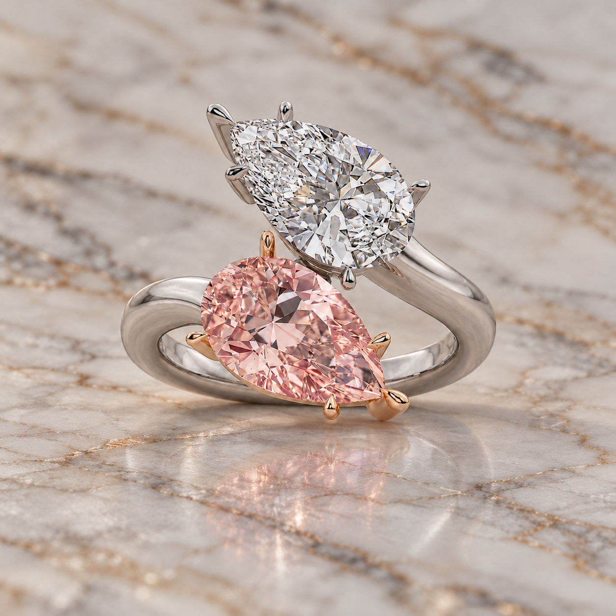 Pink Pear Lab Grown Diamond Engagement Ring – Two-Stone Bypass 14K Two-Tone Gold – IGI Certified