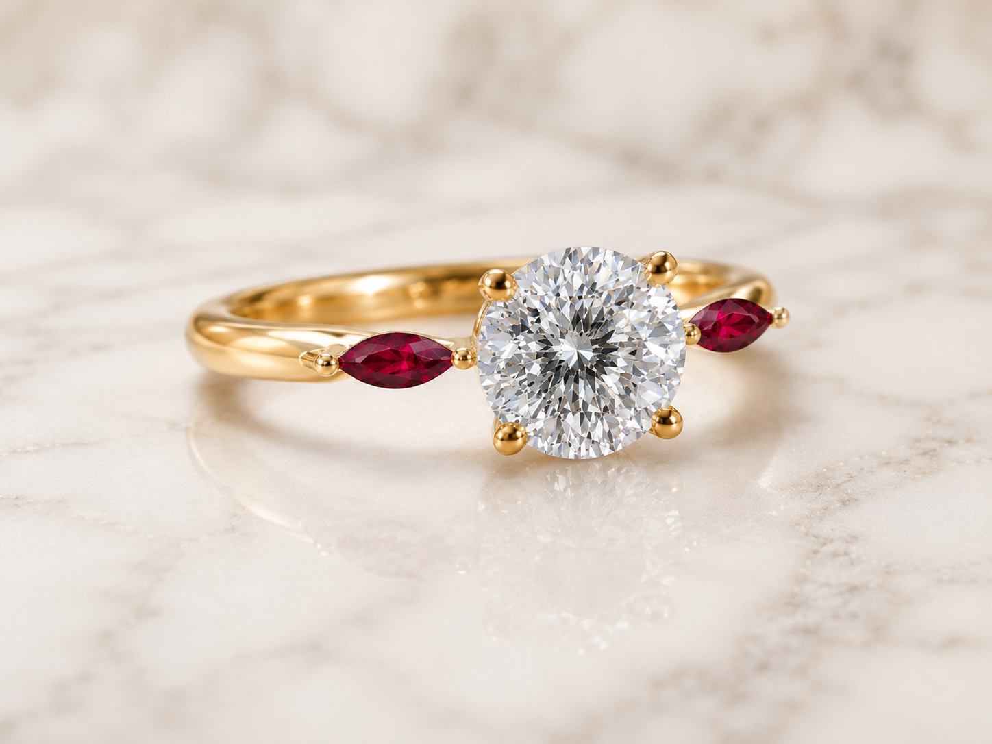 Portuguese Lab Grown Diamond Engagement Ring Three Stone Solitaire 14K Yellow Gold Marquise Ruby Accents