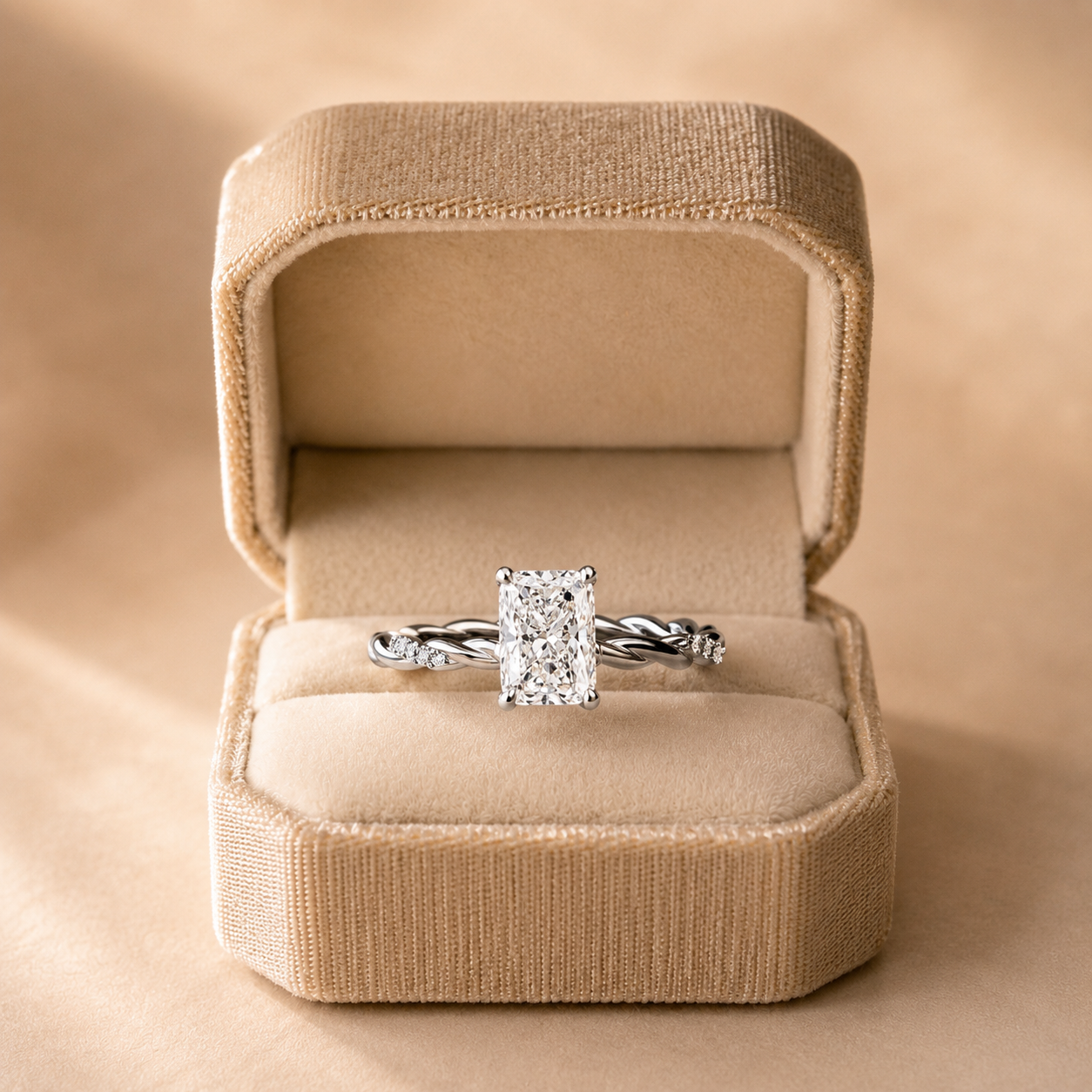 Radiant Lab Grown Diamond Engagement Ring – Twisted Pavé 14K White Gold – IGI Certified 1 Carat