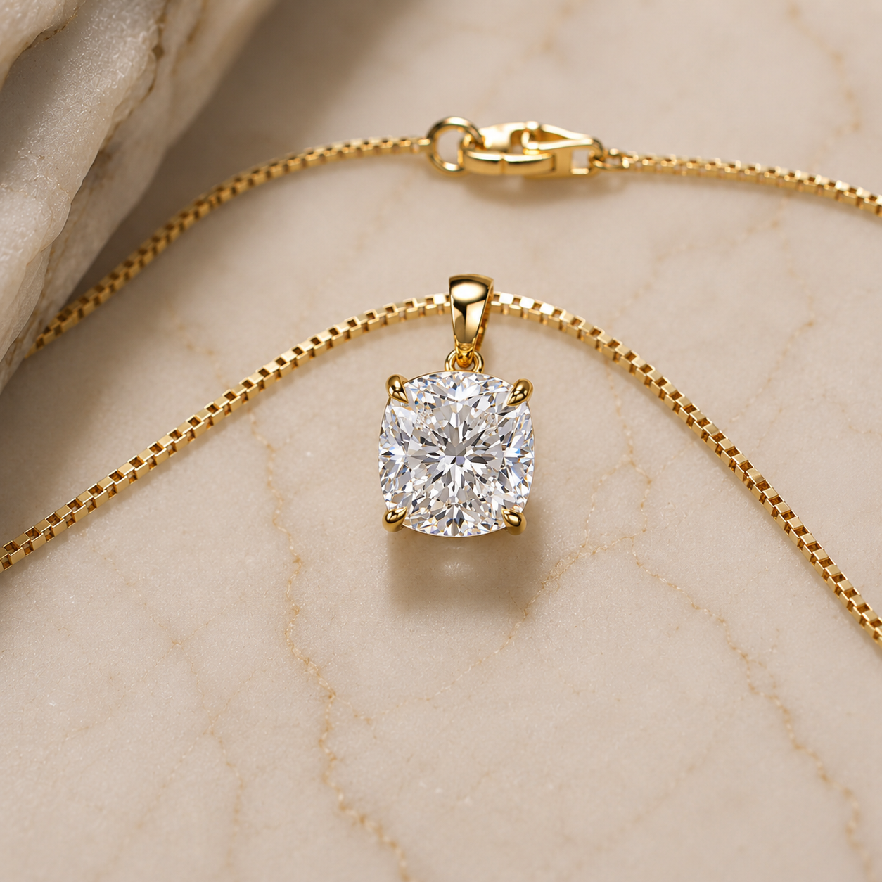 Cushion Lab Grown Diamond Solitaire Pendant – Four-Prong 14K Yellow Gold – IGI Certified 2ct