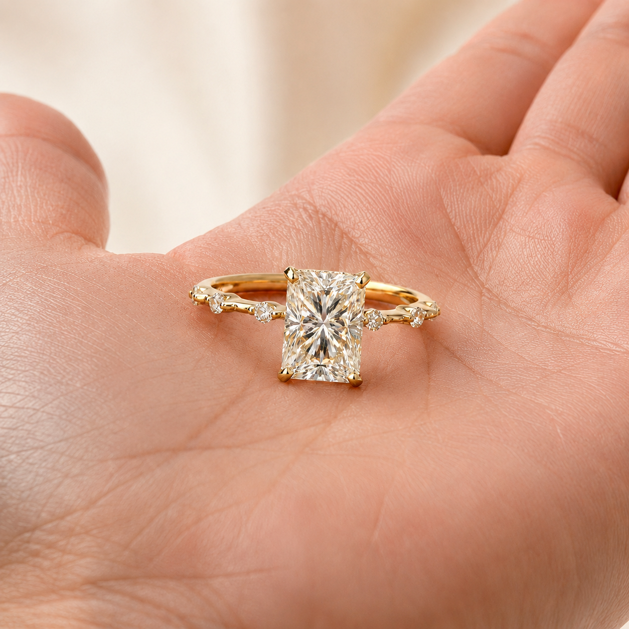 Radiant Cut Lab Grown Diamond Engagement Ring Four Prong 14K Yellow Gold Diamond Accent Band