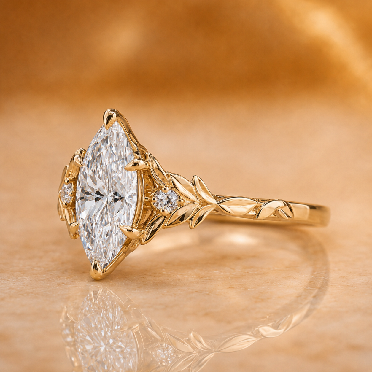 Marquise Lab Grown Diamond Engagement Ring – Floral Leaf Shank 14K Yellow Gold – IGI Certified 3.02 Carat E VVS2