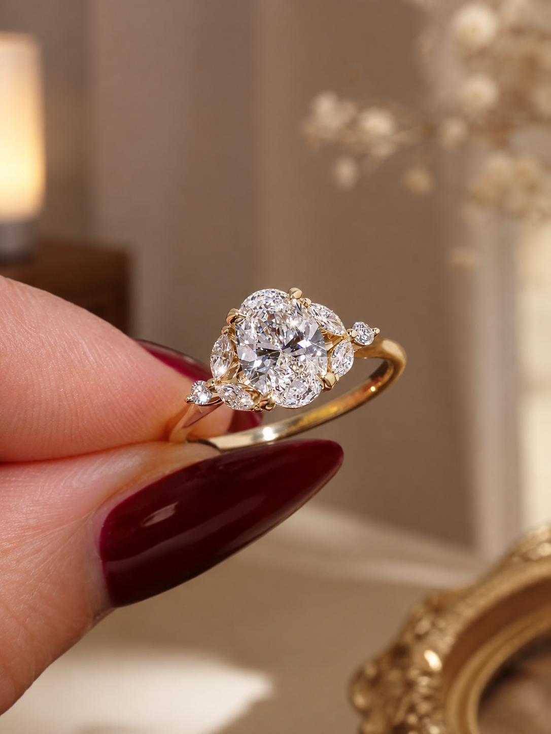 Oval Lab Grown Diamond Engagement Ring Floral Cluster 14K Yellow Gold IGI Certified 1.54 Carat E VVS2