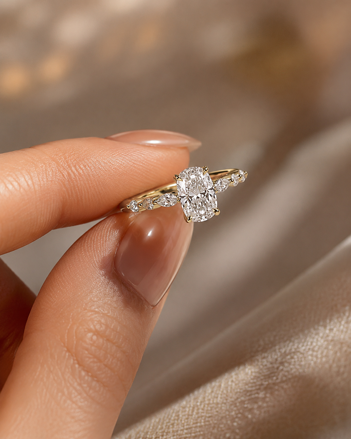 Cushion Lab Grown Diamond Engagement Ring Hidden Halo 18K Yellow Gold Elongated Claw Solitaire 2 Carat