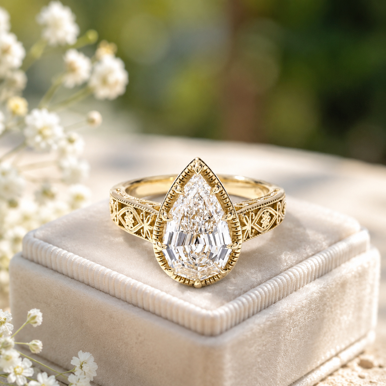 Pear Step Cut Lab Grown Diamond Engagement Ring Vintage Milgrain 14K Yellow Gold IGI Certified 2.84 Carat