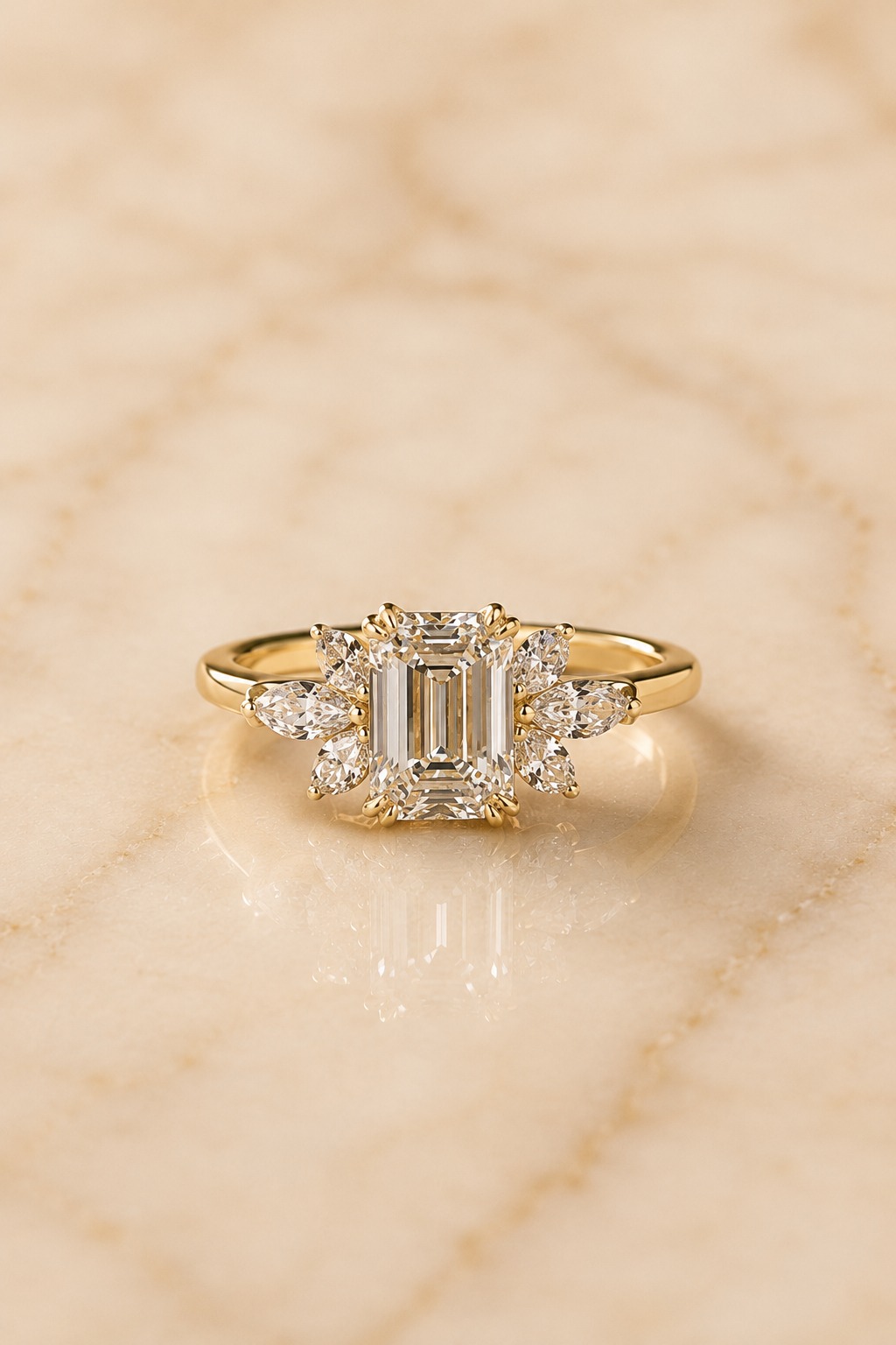 1.5ct Emerald Cut Lab Grown Diamond Engagement Ring – Marquise Halo 14K Yellow Gold — alternate view