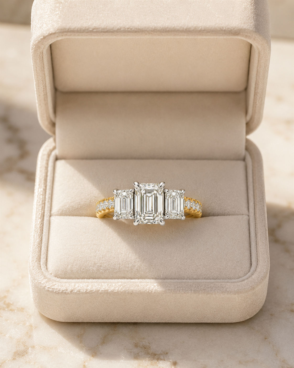 Emerald Cut Lab Grown Diamond Engagement Ring Three Stone 14K Yellow Gold IGI Certified 4 Carat