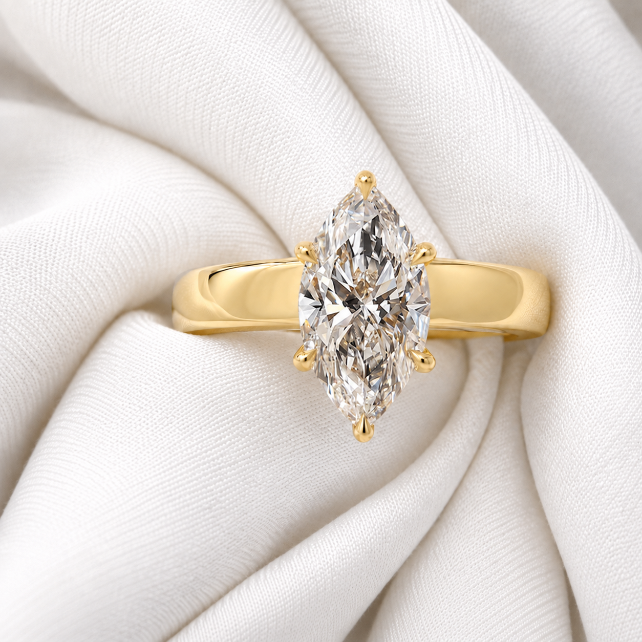 Marquise Lab Grown Diamond Engagement Ring Solitaire 14K Yellow Gold 4mm Wide Band, IGI Certified