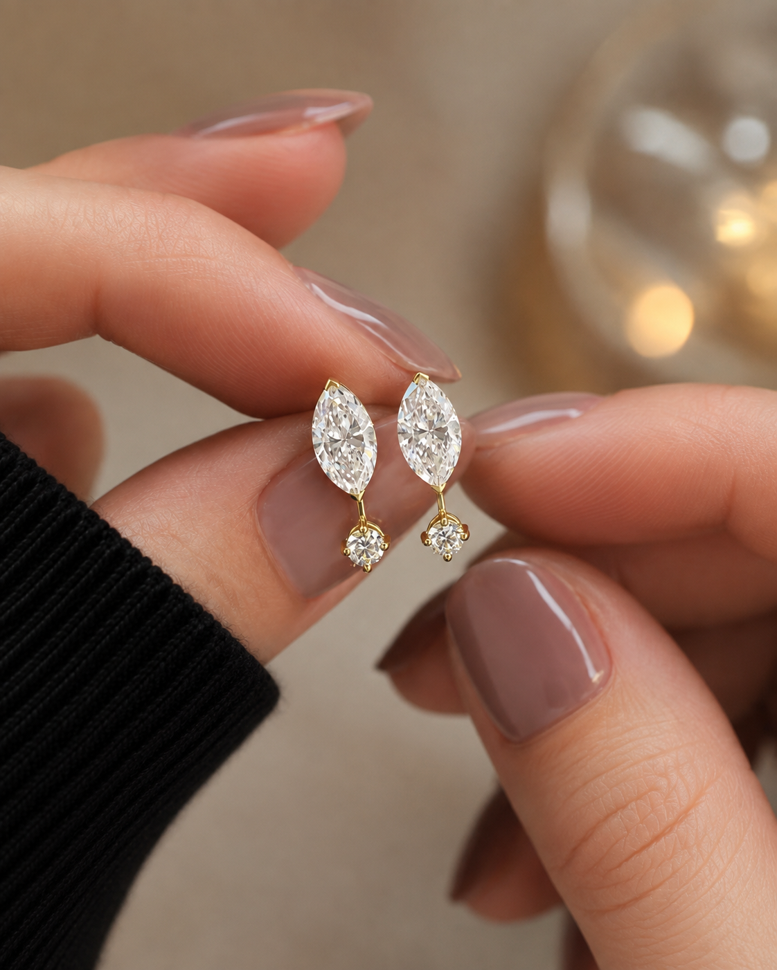 Marquise Lab Grown Diamond Earrings Round Accent Jacket 14K Yellow Gold Studs for Her