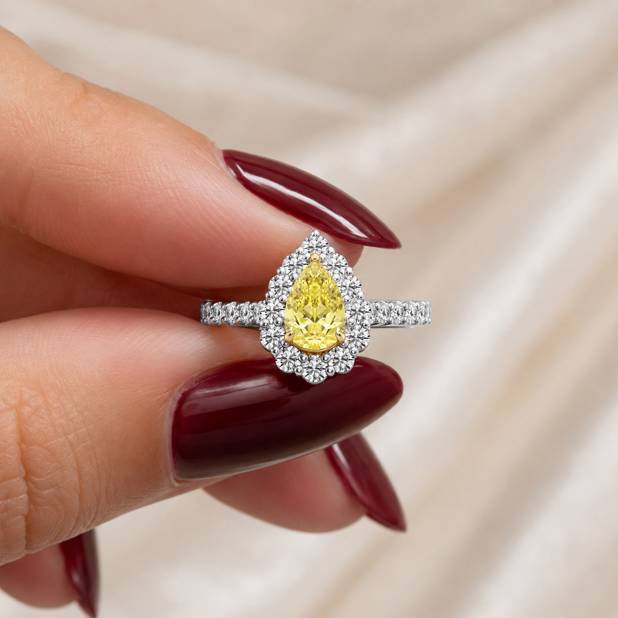 Yellow Pear Lab Grown Diamond Engagement Ring Halo 14K Two-Tone Gold Pavé Shank, 1.95ctw