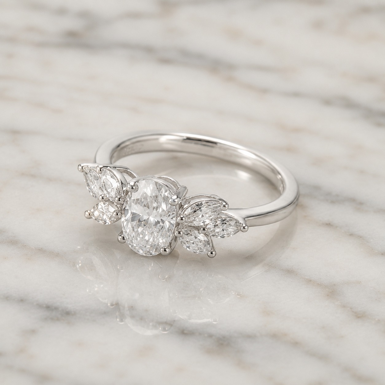 Oval Lab Grown Diamond Engagement Ring Marquise Petal Accent 14K White Gold E VVS2