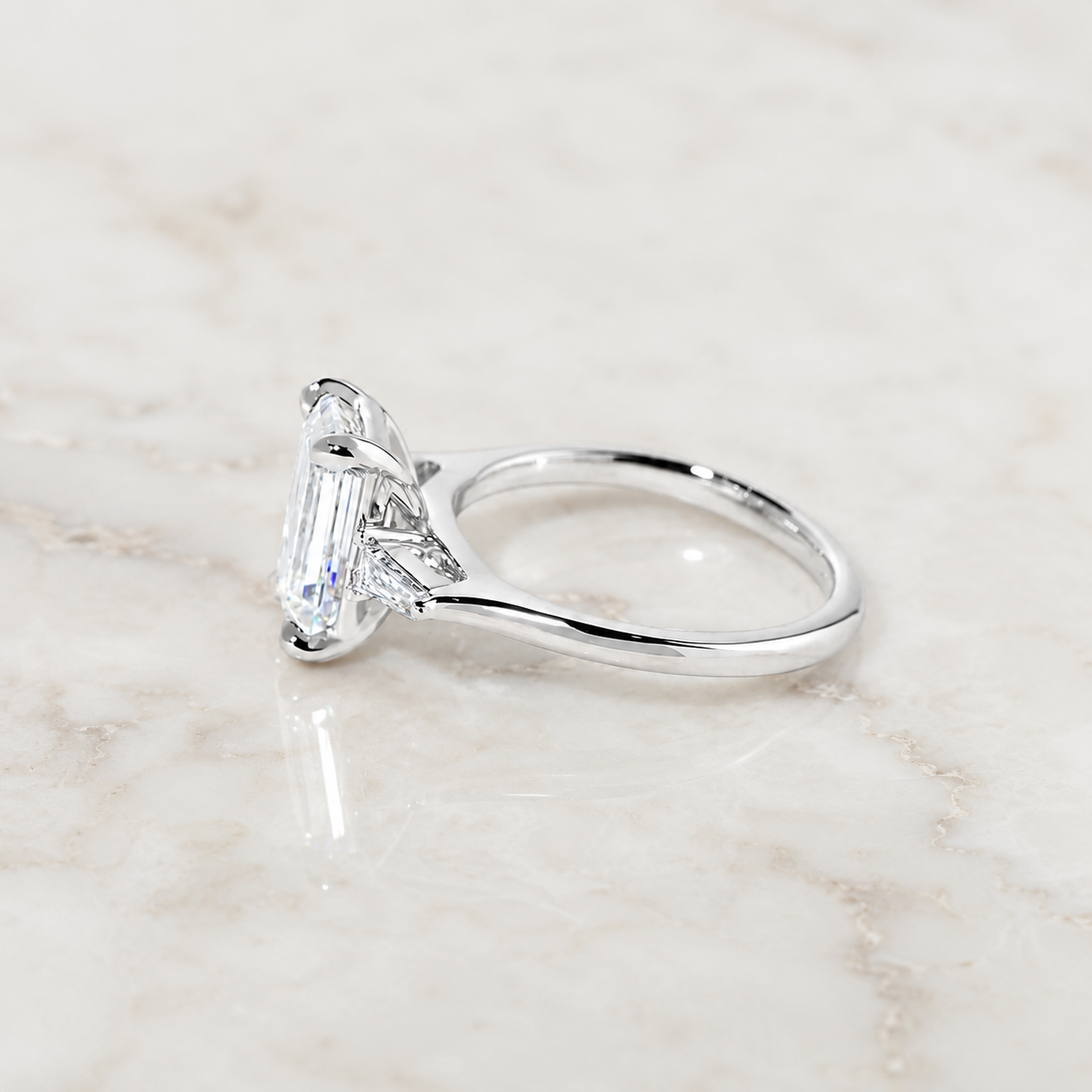 Emerald Cut Lab Grown Diamond Engagement Ring Three Stone 14K White Gold Tapered Baguette, E VVS2