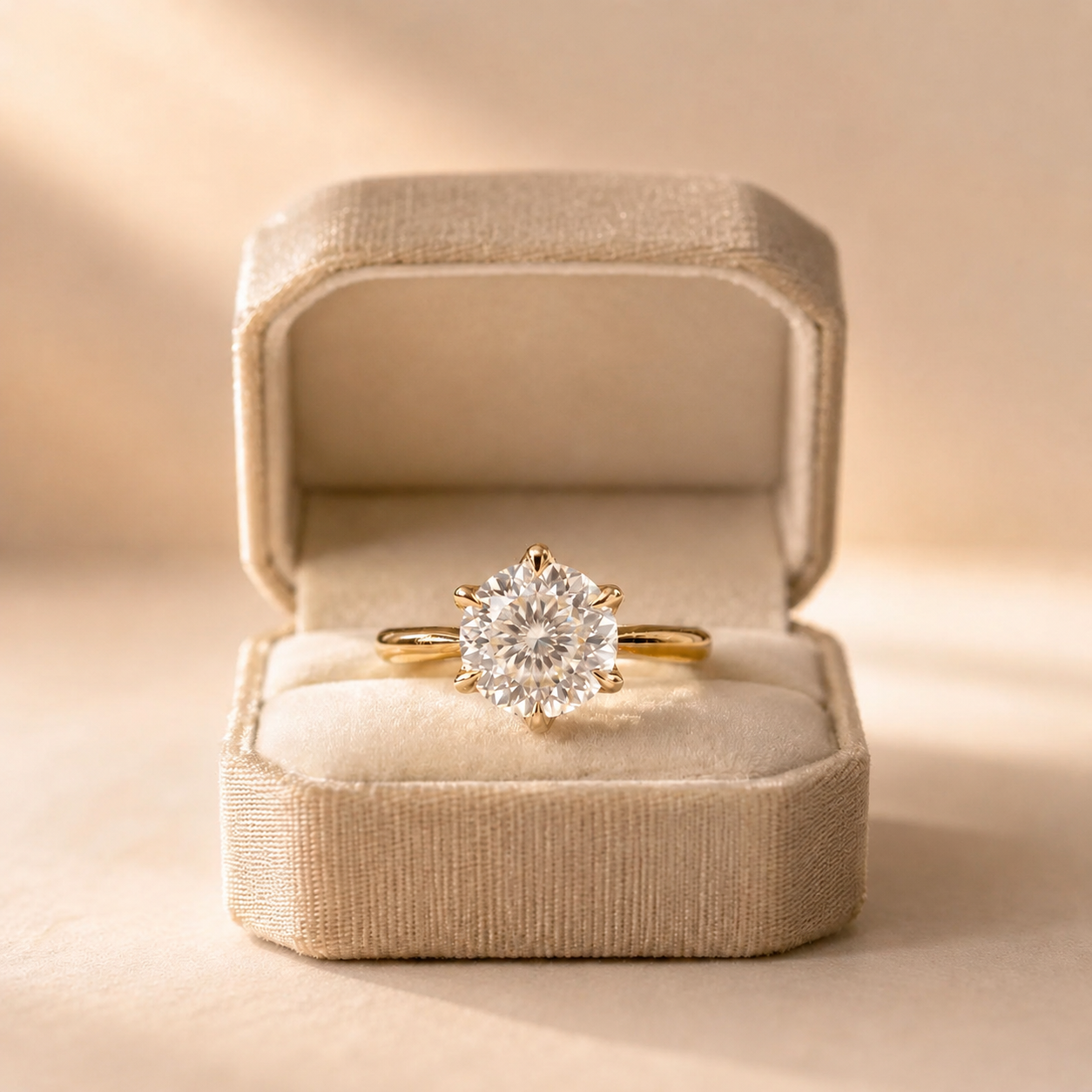 Round Portuguese Cut Lab Grown Diamond Engagement Ring Floral Petal Prong Solitaire 14K Gold – 161 Facet Cathedral Setting