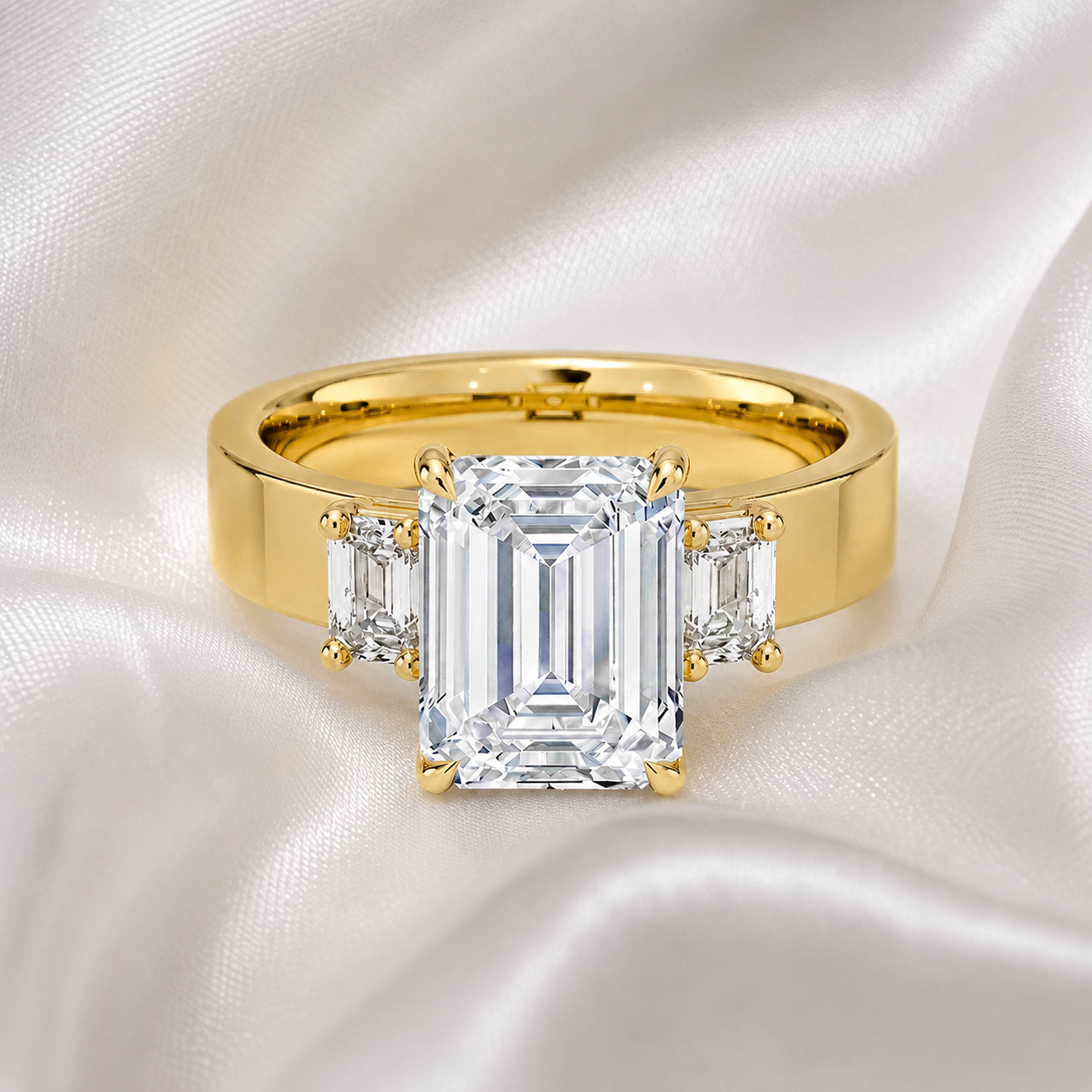 Emerald Cut Lab Grown Diamond Engagement Ring Three Stone 14K Yellow Gold