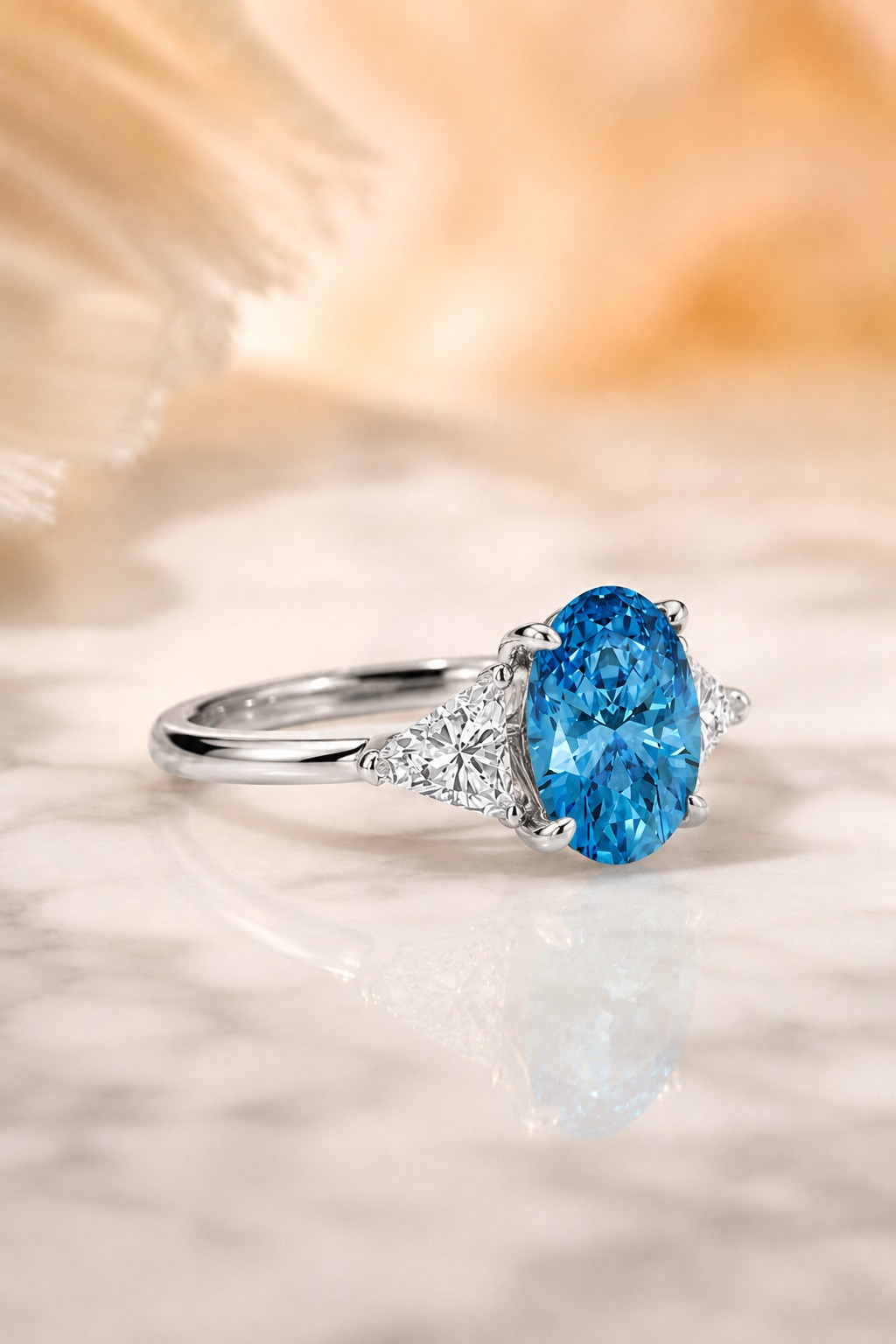 Fancy Blue Oval Lab Grown Diamond Engagement Ring – Three Stone Trillion 14K White Gold – IGI Certified 3 Carat