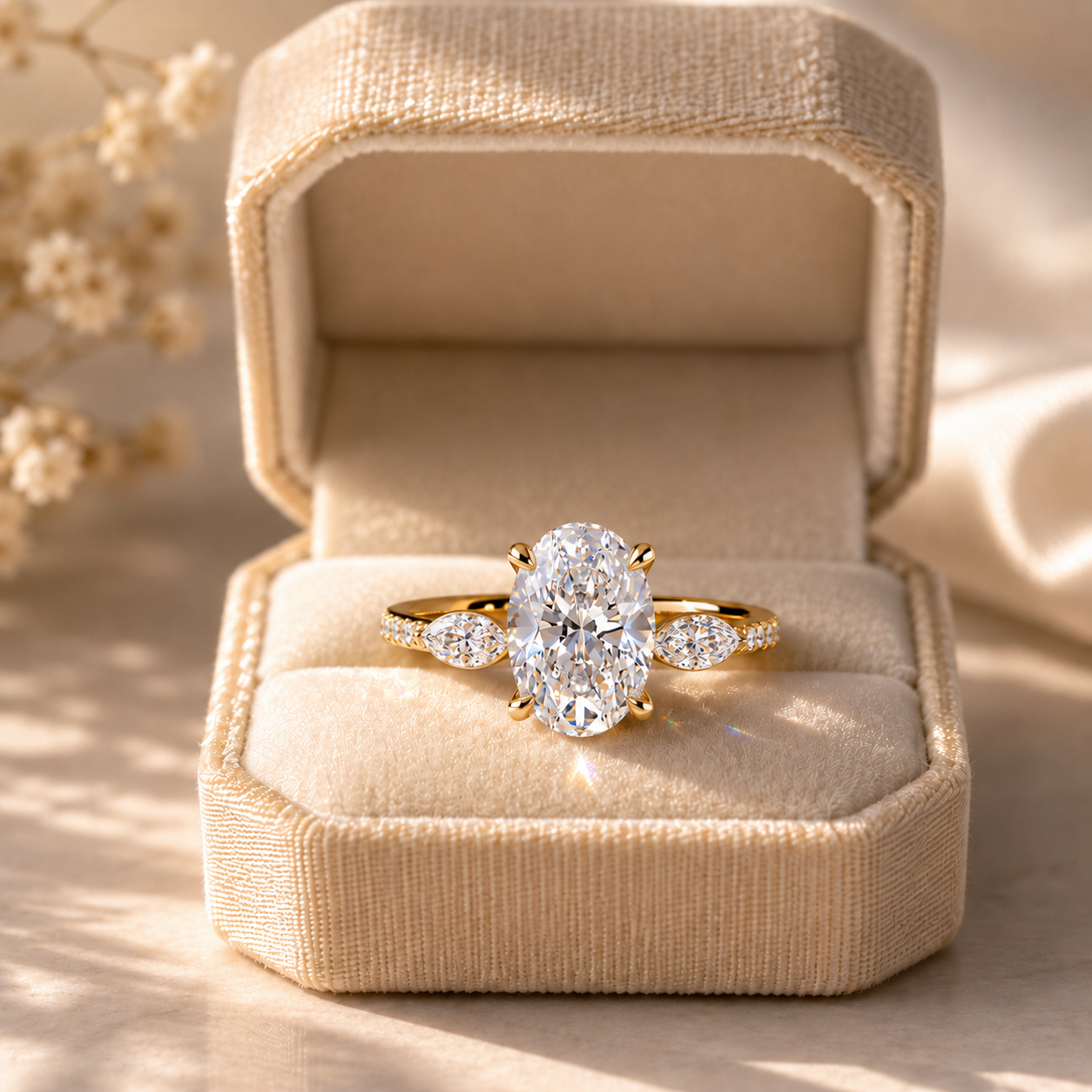 Oval Lab Grown Diamond Engagement Ring Marquise Side Stone Pavé 14K Yellow Gold IGI Certified 2ct