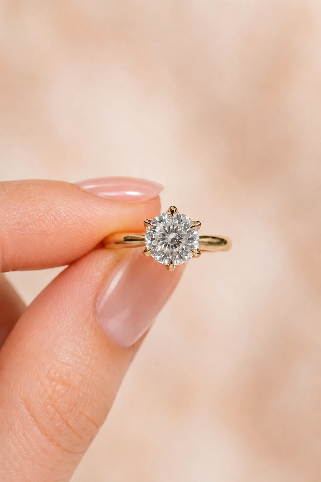 Round Portuguese Cut Lab Grown Diamond Engagement Ring Floral Petal Prong Solitaire 14K Gold – 161 Facet Cathedral Setting