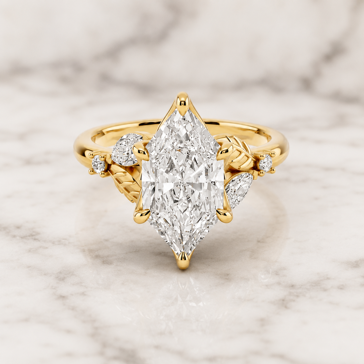 Marquise Lab Grown Diamond Engagement Ring Floral Side Stone 14K Yellow Gold Marquise Accents E Color