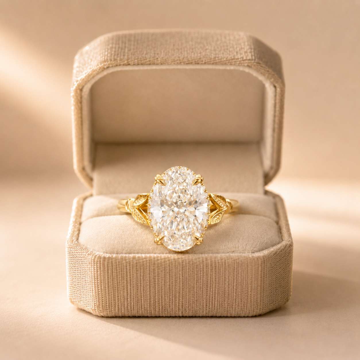 Oval Lab Grown Diamond Engagement Ring – Nature-Inspired Hidden Halo 18K Yellow Gold – 2.5 Carat