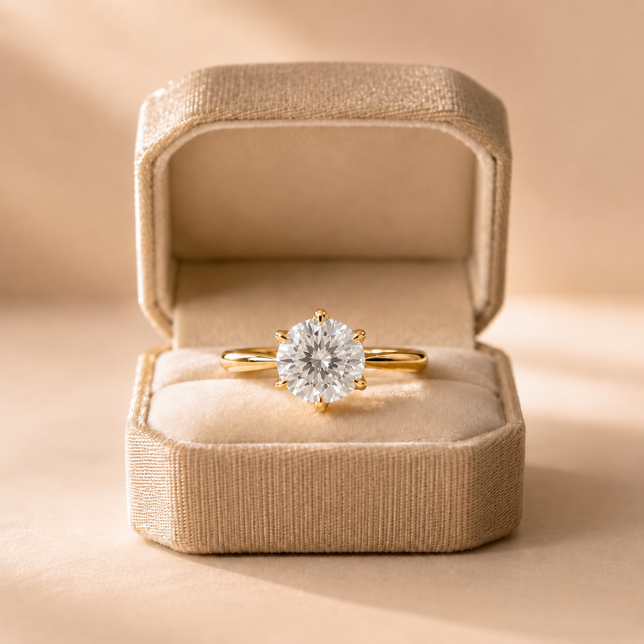 Round Lab Grown Diamond Engagement Ring – Petal Prong Solitaire 14K Gold – Lotus Crown Setting