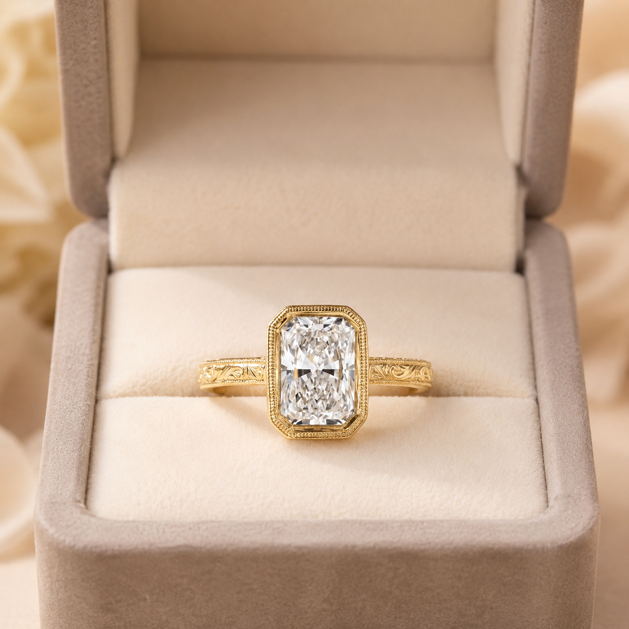 Radiant Lab Grown Diamond Engagement Ring Bezel 14K Yellow Gold Hand-Engraved Milgrain Band